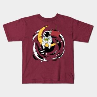 Astronaut Above a Blackhole on a Moon Waving a Flag Kids T-Shirt